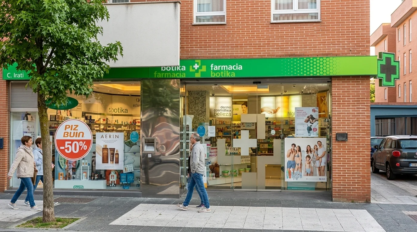 Fachada y entrada a pie de calle de Farmacia Lakua en Calle Irati